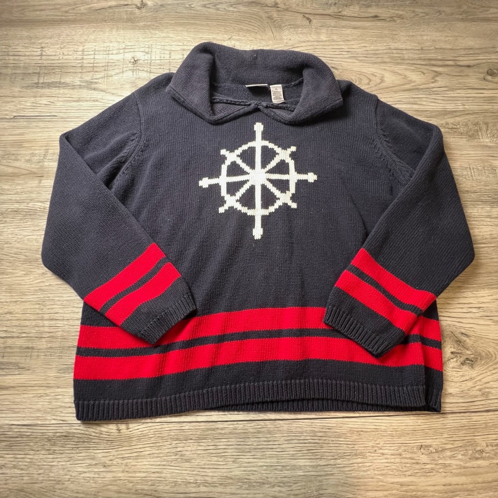 Villager Sport Sweater Womens XL Navy Blue Nautical Ships Wheel Striped Ramie